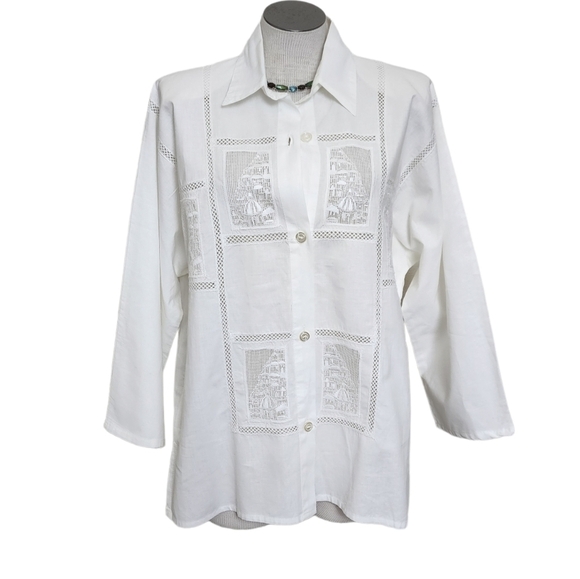 Source Unknown Tops - White Collar Lace Cotton Button Down Quarter Sleeve Women's Shirt Size L